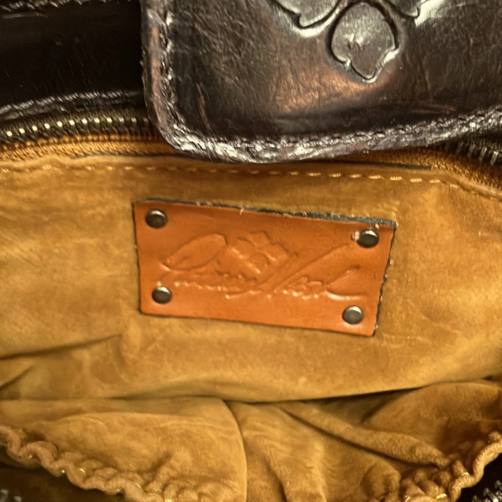 PATRICI NASH SHOULDER BAG. BLACK LEATHER WITH MARROON & LIGHT ORANGEISH FLOWERS - Picture 9 of 16